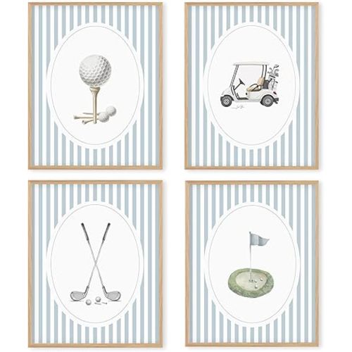 Boat Wades Blue Striped Golf Wall Art Prints Set of 4, Golfer Gifts for Women Men, Trendy Golf Cart Club Course Posters Pictures Wall Decor for Home Bedroom Living Room Office, 8x10 Unframed