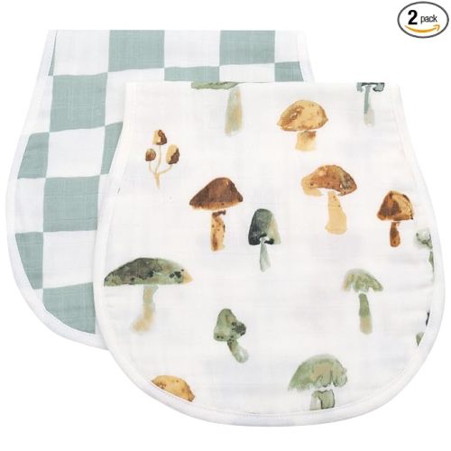LifeTree Muslin Baby Burp Cloths - 2 Pack 70% Viscose from Bamboo and 30% Cotton Large 22'' by 10'' Absorbent Milk Spit Up Rags - Burping Cloths for Newborn, Girls Boys, Mushroom and Green Checkered