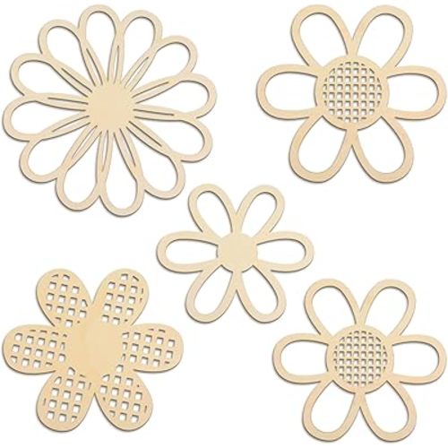 ADLABLD 5 Piece Boho Wooden Daisy Flower Hanging Art, Cute Wall Decor Natural Rattan Flower Wall Hanging, Boho Art Nursery Flowers Farmhouse Decor for Home Office Nursery