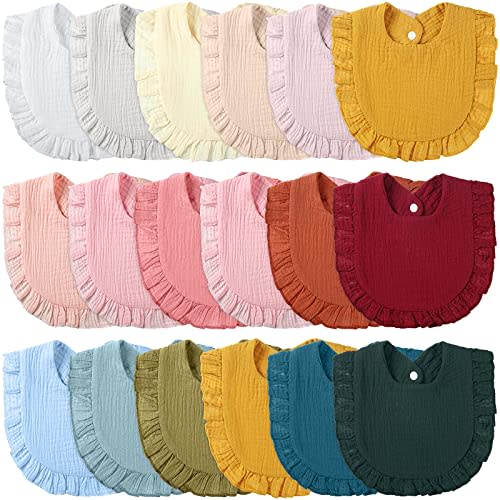 Kenning 18 Pcs Muslin Drool Baby Bibs Ruffle Absorbent Bib with Snap Button Boy Girl for Drooling Teething Infant Newborn