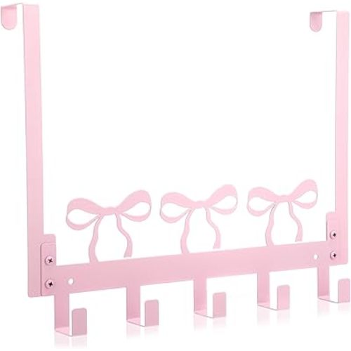 Kathfly Pink Bow Over The Door Hooks Coquette Bow Towel Hooks Heavy Duty Hanging Towel Rack Kawaii Room Decor, 5 Coat Hanger for Bedroom Bathroom Kitchen, Pink