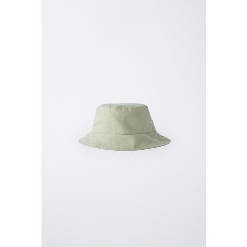 Zara 100% LINEN BUCKET HAT - Khaki, 3-6M