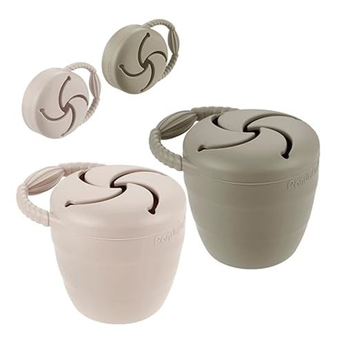 PandaEar Silicone Snack Containers, Collapsible Toddler Snack Cups Spill Proof Food Catcher for Toddler Baby, Pack of 2 (Light Tan/Walnut)