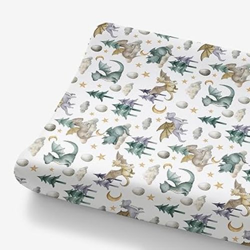 HawSkgFub Watercolor Cute Dragon Fairy Tale Changing Pad Cover for Baby Boy, Cloud Moon Star Dragons Egg Diaper Change Table Covers, Soft Stretchy Safe Snug Fitted Changing Mat Sheet Fit 32"/34" x 16"