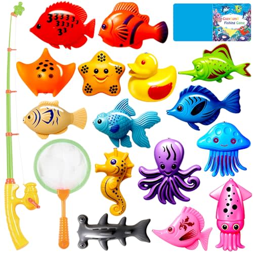 CozyBomB™ Magnetic Fishing Toys Game Set for Kids | Water Table Bathtub Kiddie Pool Party Pole Rod Net, Outdoor Plastic Floating Fish, Toddler Bath Color Ocean Sea Animals Birthday Gift Age 3-5 6 4-8