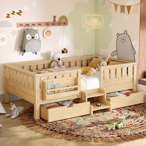 URTR Twin Size Low Floor Bed with Safety Staircase, Built-in Storage Drawers and Bookshelves, High-Quality Safety Rails for Secure Sleep and Play, Light Natural