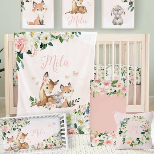 Woodland Baby Girl Crib Bedding Set: Floral Fawn, Fox, Sage Green