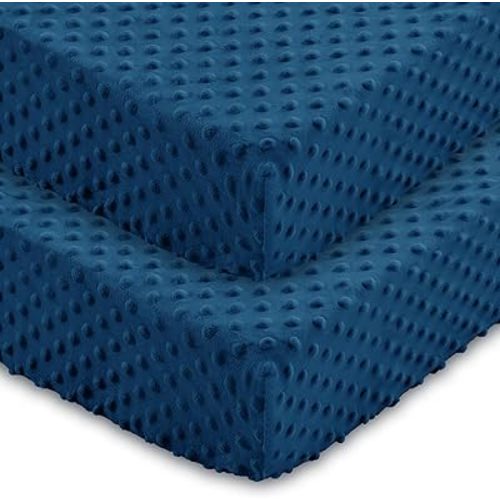 Entisn Baby Crib Sheets 2 Pack, 28 x 52 Inch Minky Dot Fitted Crib Mattress Sheet for Boys, Soft and Warm Fleece Nursery Bedding for Standard Toddler Bed Mattresses (Navy Blue)