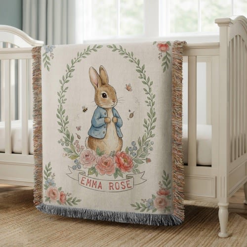 Personalized Rabbit Baby Child Woven Blanket | Custom Name, Newborn Keepsake, childhood classic story, Baby Girl Nursery, 100% Cotton