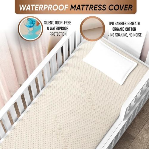 Organic Cotton Crib Mattress Protector – Waterproof Fitted Mattress Pad Cover – Soft Quilted 380 GSM – Standard Crib Mattress Size