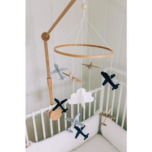 Sorrel + Fern Airplane Nursery Set - Includes Baby Crib Mobile (Airplanes in The Clouds) + Wooden Baby Crib Mobile Arm - for Boys & Girls