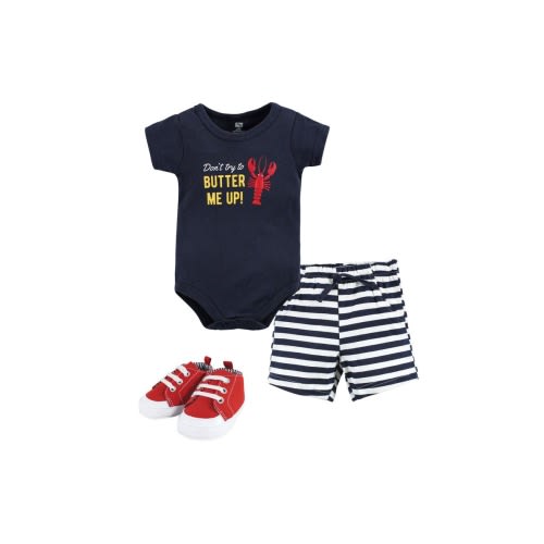 Little Gent's Soft Cotton Bodysuit, Shorts & Footwear 3Pk, 3-6M- Only a few left