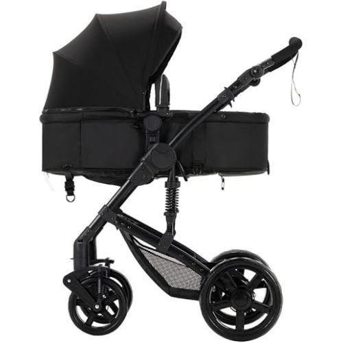 2 in 1 Convertible Bassinet Stroller with Triangular Stability Frame & Front-Wheel Spring Suspension, One-Click Fold Design for Newborns & Toddlers(Black)