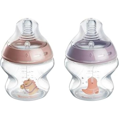 Tommee Tippee Natural Start Baby Bottles for 0m+, Pack of 2, 5oz Baby Bottles, with Slow Flow Breast-Like Nipple for a Natural Latch, Self-Sterilizing and BPA Free, Decorated