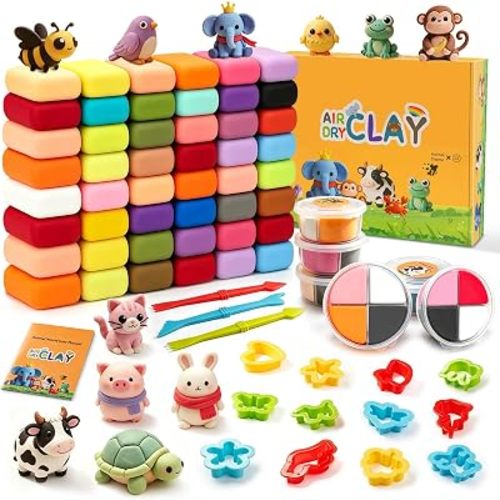 Air Dry Clay- Ultra Light Modeling Clay Set with 6 Shareable Jars & 48 Color Refill Packs, 12 Molds, 3 Tools No-Mess Magic Clay Arts and Crafts Gift Toddlers