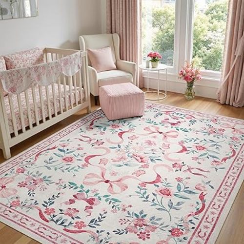 DCX Washable 5x7 Bow Rug, Pink Floral Rug for Girls’ Bedroom, Cute Soft Low Pile Indoor Décor Carpet, Kid & Pet Friendly Nursery Rug for Living Room, Dorm, Playroom