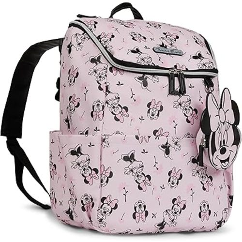Disney Diaper Bag Backpack with Changing Pad Minnie Mouse – 16” Nylon Baby Bag for Parents, Insulated Bottle Holders, Multiple Storage Pockets