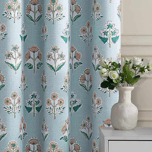 NICETOWN 100% Blackout Floral Curtains for Bedroom 2 Panels, W52 x L84 in per Panel, Charming Floral Pattern in Blue, Fresh Bohemian Style Thermal Insulated Curtains for Cottage, Living Room