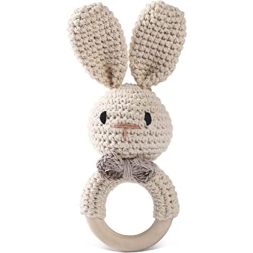 Handmade Crochet Easter Bunny Wooden Baby Rattle Toy for 0-6 Months - Organic Stuffed Animal for Newborn