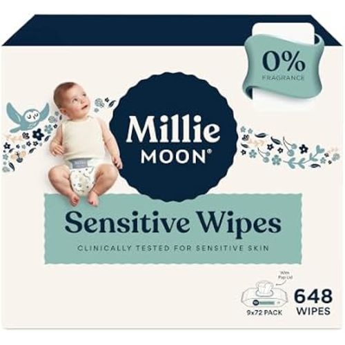 Millie Moon Sensitive Baby Wipes, Unscented, 648 Count (9 Packs of 72) - Plant-Based, Hypoallergenic, Fragrance-Free Diaper Wipes for Sensitive Skin, Bulk Pack
