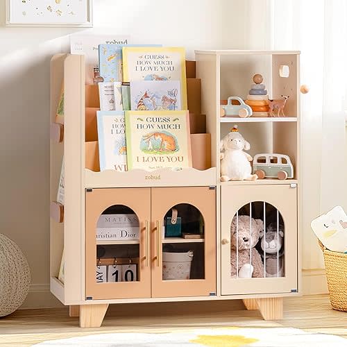 ROBUD Toy Storage Organizer, All-in-One Toy Organizers and Storage, Kids Wooden Bookshelf with 6 Storage compartments, Toy Chest Shelf Organizer for Playroom Bedroom, Caramel