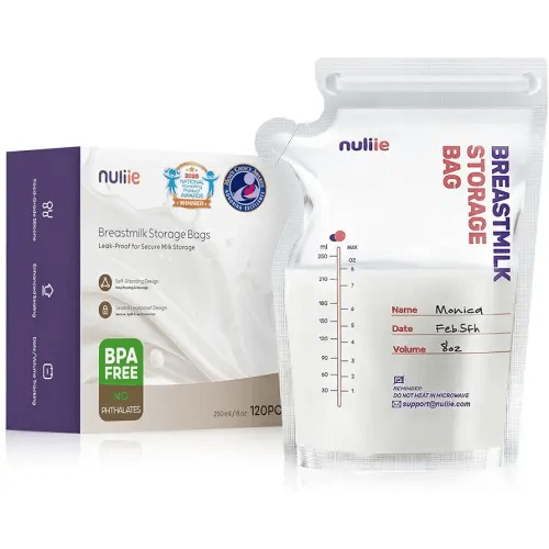 Nuliie 120 Pcs Breastmilk Storage Bags, 8 OZ Breast Milk Storing Bags, BPA-Free, Milk Storage Bags with Pour Spout for Breastfeeding, Self-Standing Bag, Space Saving Flat Profile