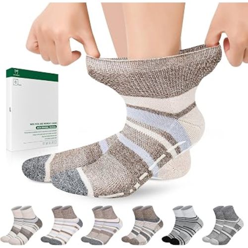 Bulinlulu Bamboo Viscose Diabetic Socks with Grips for Men Women -6 Pairs Non Binding Ankle Slipper Socks Size 9-11