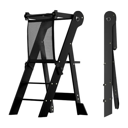 COSYLAND Foldable Toddler Kitchen Stool Helper - Height Adjustable Standing Tower for Bathroom Sink or Kitchen Counter - Step Stool for Toddlers Ages 18 Months to 6 Years Black