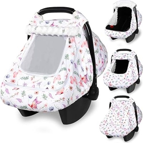 Baby Car Seat Cover, Pea Pod Universal Infant Car Seat Cover with Sunshade & Mesh Windows - Breathable Minky Lined Canopy Cover for Stroller- Soft Butterfly Carseat cover for Newborns