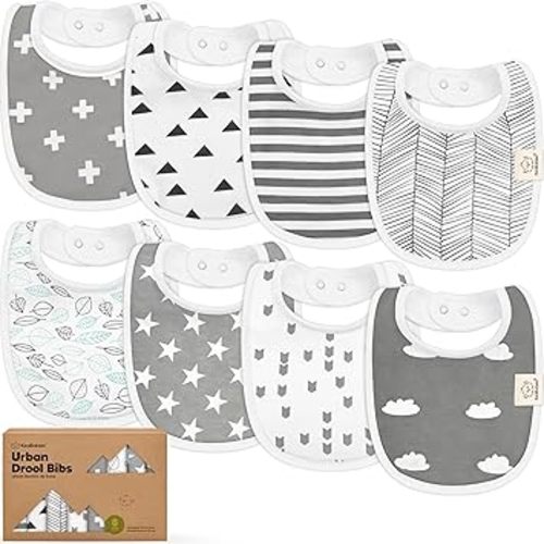 8-Pack Organic Baby Bibs for Boys, Girls - Soft Cotton Drooling and Teething Bibs for Baby Girl & Boy, Extra Absorbent, Easy To Clean & Put On for Toddler, Newborn, Infant 0-24 Months (Grayscale)