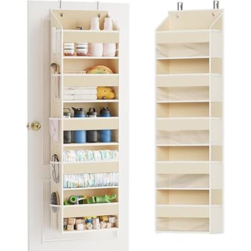 SpaceAid 1 Pack Over The Door Organizer with 5 Large Pockets and 10 Mesh Side Pockets, 5 Layers Door Organizer Hanging with Clear Window for Bedroom, Bathroom, Pantry and Nursery, Beige