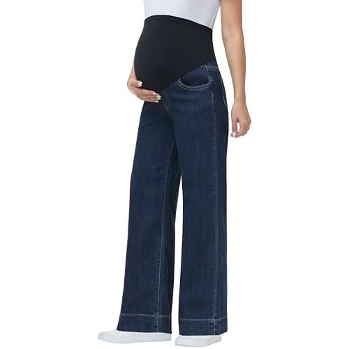 Women's Maternity Jeans Wide Leg Over The Belly Support Stretch Pregnancy Denim Loose Wide Pants with Pockets
