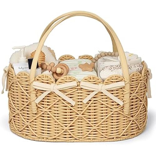 Diaper Caddy Organizer, Hand Rattan Scalloped Diaper Caddy Changing Table Organizer, Wicker Nursery Bakset Picnic Basket Household Organizer, Beige TB31