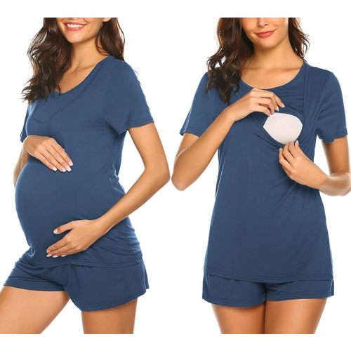 Ekouaer Maternity Nursing Pajamas Set Short Sleeve Breastfeeding Sleepwear Double Layer Postpartum Top and Shorts Set