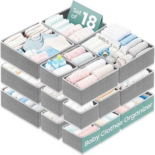 RFAQK 18 Pack Drawer Organizer Clothes-3 Sizes Dresser Organizer for Underwear Closet, Baby Clothes Organizer for Wardrobe-Foldable Fabric Drawer Dividers for Bedroom,Lingerie,Undies,Bra-Grey