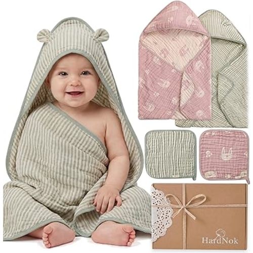 4-Piece Muslin Baby Towel Set - Made with Organic Cotton, (2) 6-Layer Bath Towels 32x32 & (2) Washcloths, Absorbent Bath & Beach (Blush Pink Bunny & Sage Green Stripe)