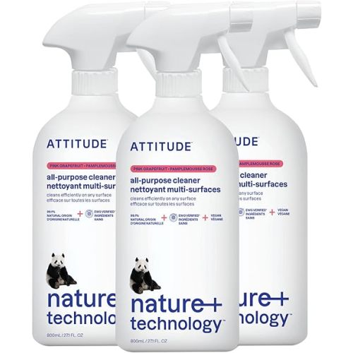 ATTITUDE All Purpose Cleaner Spray, EWG Verified, Vegan, Made with 94% Plant-Based Ingredients, Streak-Free for Kitchen, Bathroom, Glass & More, Pink Grapefruit, 27.1 Fl Oz (Pack of 3)