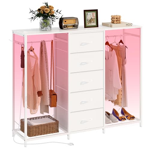 Espelism Dresser for Bedroom with Clothes Rack 5 Drawer Dresser with Charging Station LED Lights White Chest of Drawers Flexible Shelf and Open Storage Space for Bedroom Living Room (White)