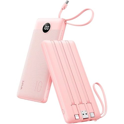 VRURC Portable Charger Power Bank, 10000mAh Travel Essentials Battery Pack, Compact USB C Charging Bank Built-in Cables Cords Compatible with iPhone 17 Pro 17 16 15 14 13,Samsung-Pink(1 Pack)