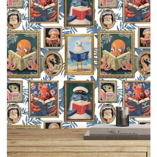 Whimsical Animals Reading Wallpaper - Coastal Beach Version - Peel & Stick or Non-Pasted