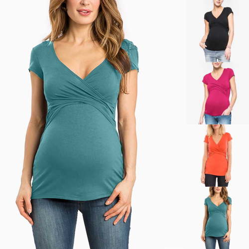 Bovxnpu Maternity Clothes For Women, Women's Maternity Shirts Short Sleeve Pregnancy Tops, Fashion Women's Short Sleeve Summer Solid Neck Casual Botton Regular Blouses S