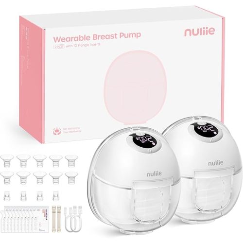 Nuliie S32 Wearable Breast Pump Hands-Free, More Private Electric Pump, 4 Modes 9 Suction Levels, 24mm Flange with 13/15/17/19/21mm Inserts, Easy Clean & Anti-Leak Design (2 Packs, White)