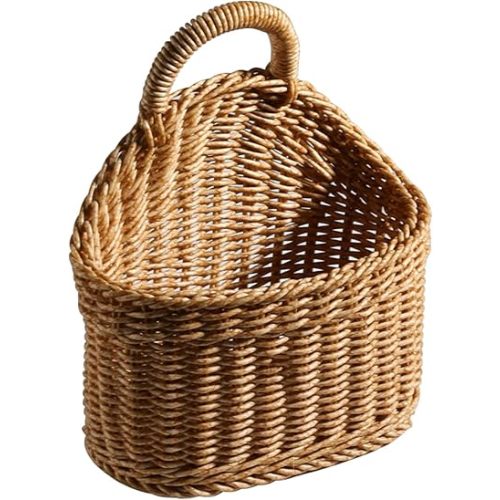 Woven Hanging Basket With Handle Rustic Wall Hanging Storage Basket For Home Office Organizing Farmhouse Artificial Rattan Flower Bin Kitchen Wall Mount Organizer For Ginger Garlic (Style-1)