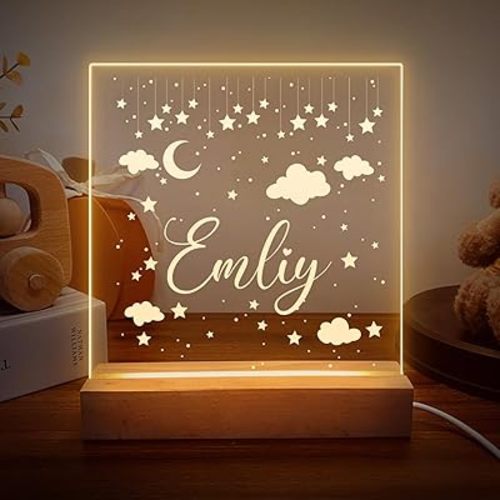 Personalized Name Night Light with Moon and Stars, Custom Name Led Lamp for Baby Kids, Customized Brighter Made Night Light Gift for Girl Boys
