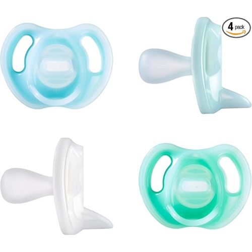 Tommee Tippee Ultra-Light Silicone Pacifier, 0-6 Months, Symmetrical One-Piece Design, BPA-Free Silicone Binkies, Blue/Green/Clear, Pack of 4