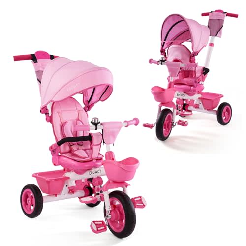 EOOWOY Toddler Tricycle with Push Handle, 7 in 1 Stroller Trike with 360 Swivel Seat, Reclining Backrest, All-Terrain Wheels, Dual Brakes, Canopy & Storage, Gift for Kids 18 Months to 5 Years, Pink