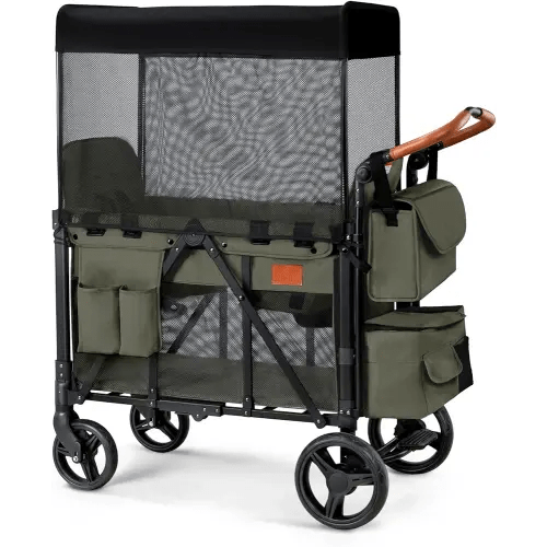 Wagon Stroller for 2 Kids, High Seat & 5 Point Harness, Foldable All-Terrain Wagon for Toddler with Canopy, Parent Organizer, Shoulder Bag, Adjustable Handlebar, Ultimate Double (Green)