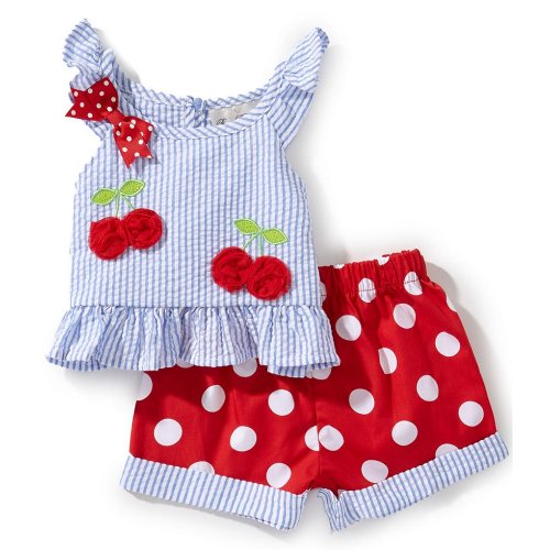 Rare Editions Baby Girls Flutter-Sleeve Striped/Cherry-Appliqued Seersucker Top & Large-Dot Shorts Set