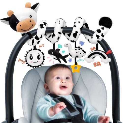 Stuffed Spiral Car Seat Baby Toy, High Contrast Sensory Hanging Accessory, Small to Medium, Black and White Cow