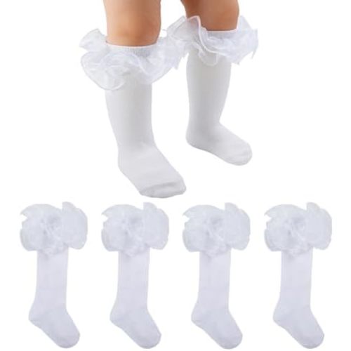 Baby Knee High Socks Girls Non Slip Long Socks Lace Ruffle Stockings for Newborn Infant Toddler Kids 0-8 Years Old
